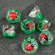 Ladybug Dice Set - Type 2 - Clear green polyhedral dice set with embedded red and black ladybugs, white numbering.
