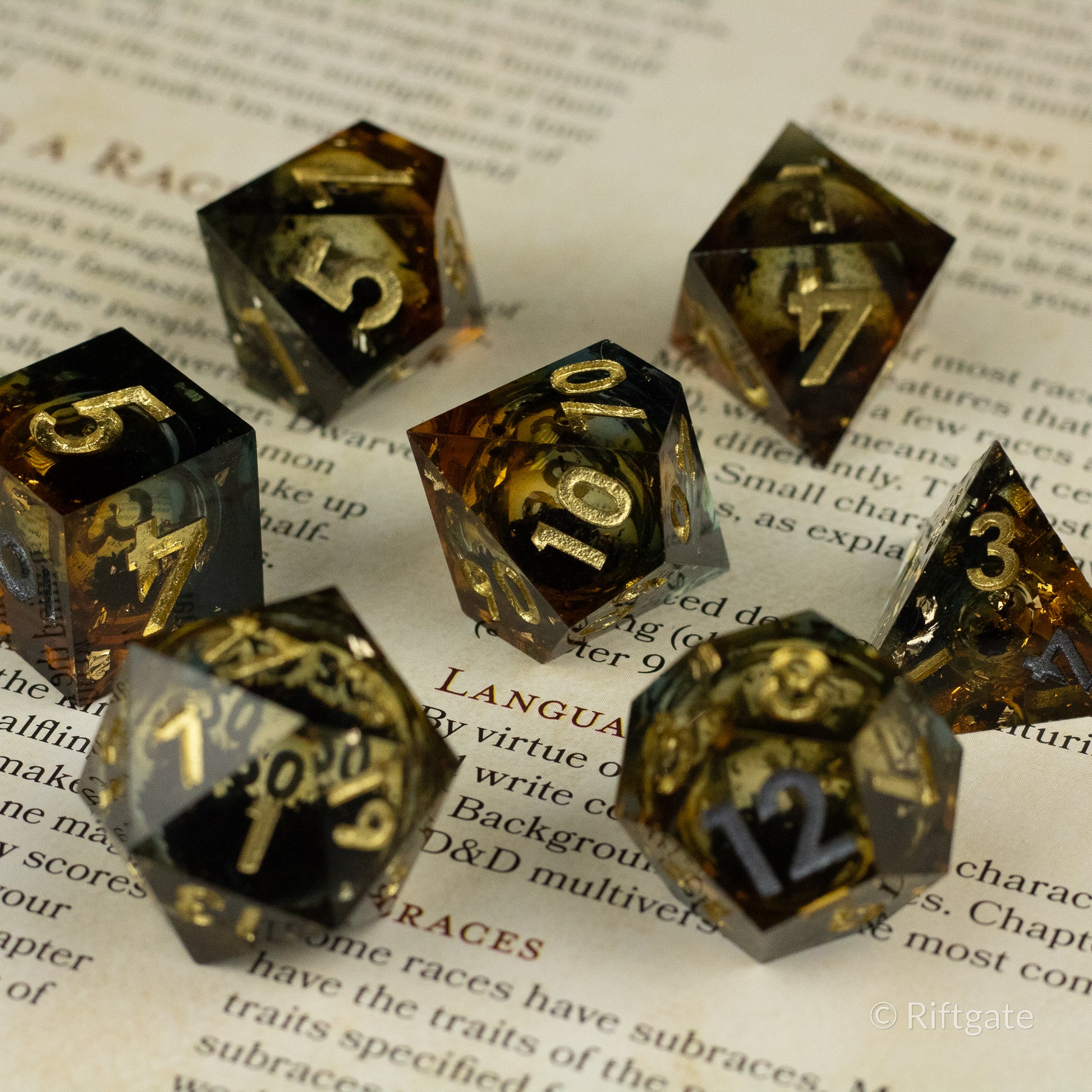 Ambershadow Dice Set - Seven translucent amber dice with golden numbers and swirling liquid-core design on a white text background.