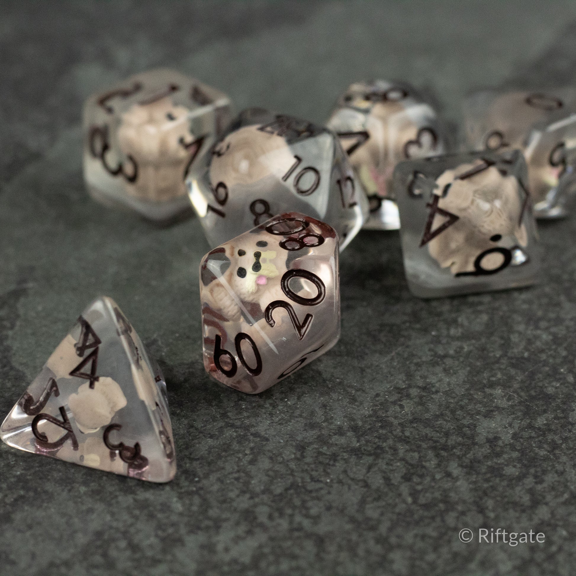 Scruffy Dog Dice - Translucent smoky gray polyhedral dice set with black numbers, featuring a 20-sided die front and center.