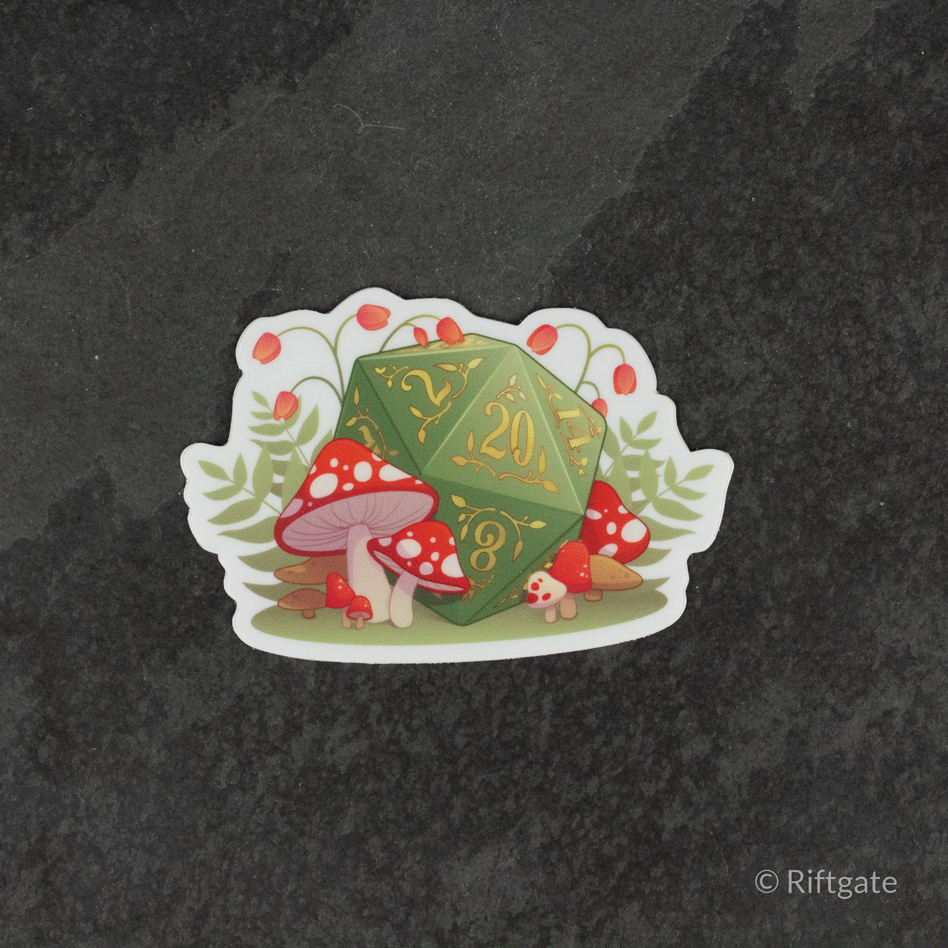Mushrooms D20 DnD Sticker - Green twenty-sided dice with gold numbers surrounded by red and white spotted mushrooms and green foliage sticker.