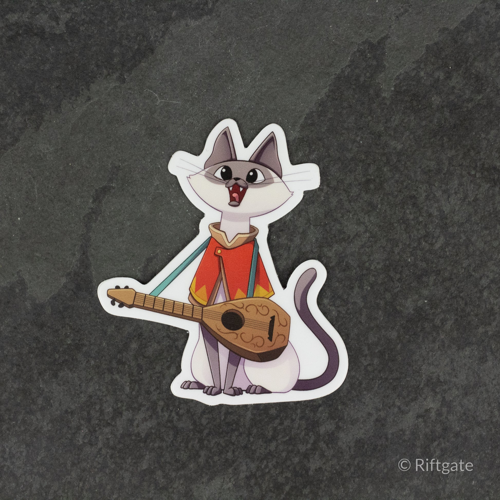 Bard Class D&D Cat Sticker - Cartoon gray cat wearing a red bard outfit, playing a lute, die-cut vinyl sticker.