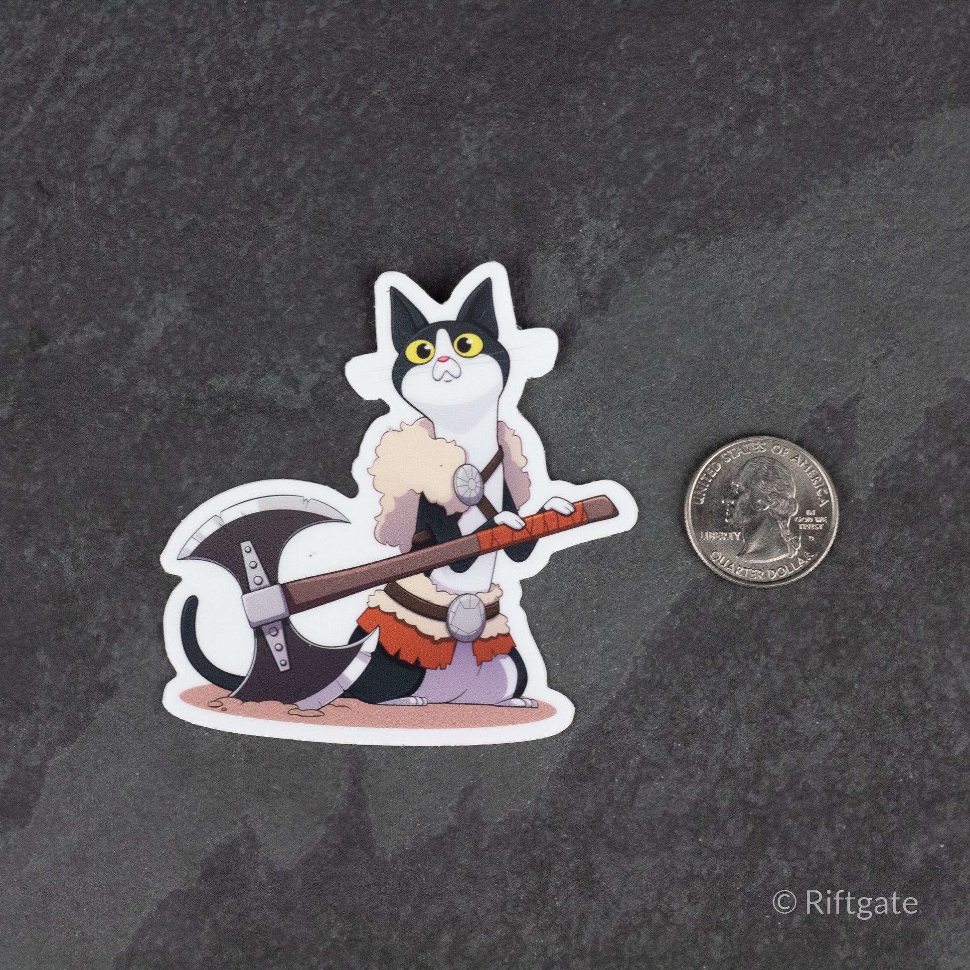 Barbarian Class D&D Cat Sticker - Cartoon cat dressed as a barbarian warrior with armor and a large battle axe sticker.