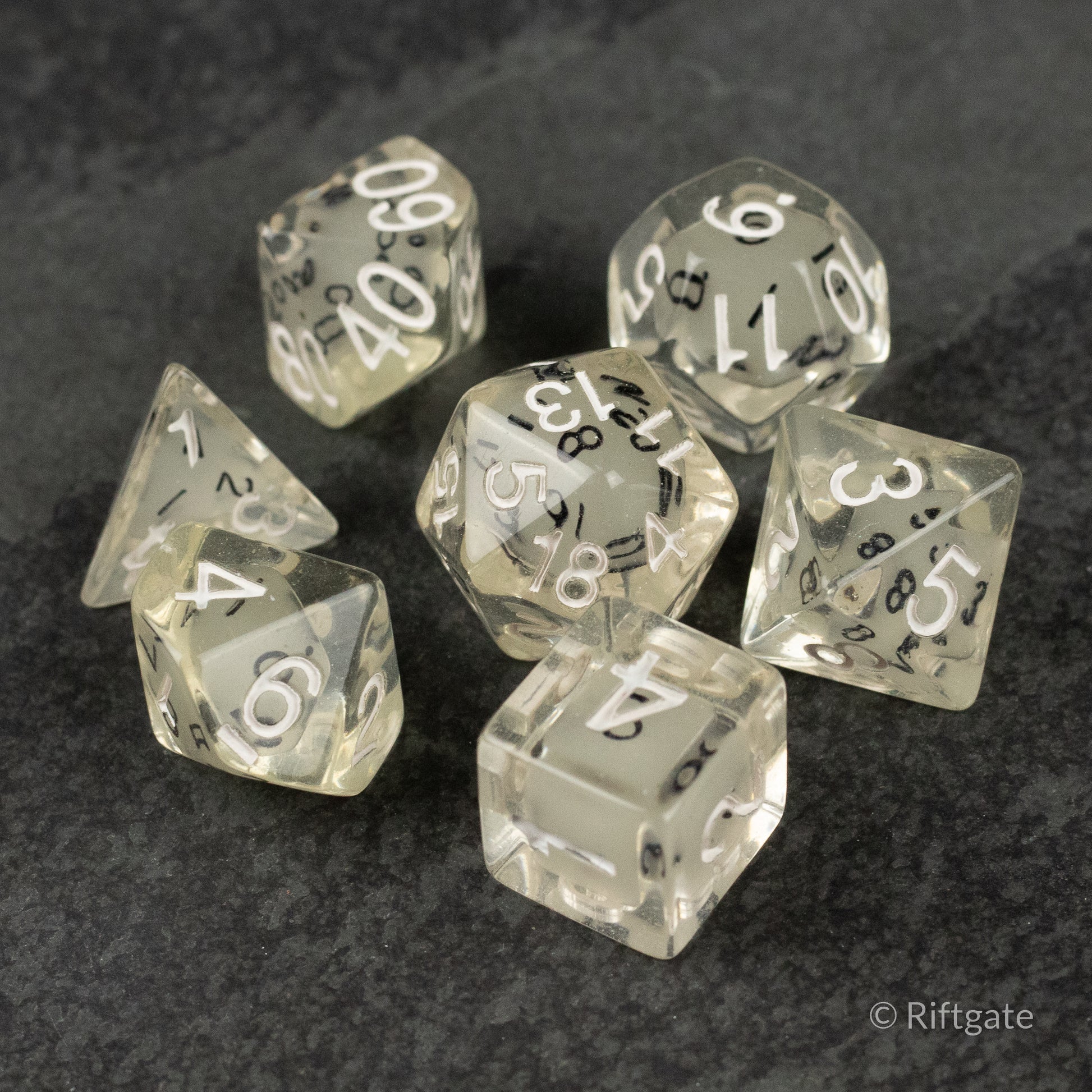 Dice in Dice Dice Set - Set of seven translucent gray polyhedral dice with white numbering, including a d20 with a smaller die inside each one.