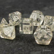 Dice in Dice Dice Set - Six transparent polyhedral dice with white numbers, each containing a smaller black-numbered die inside.
