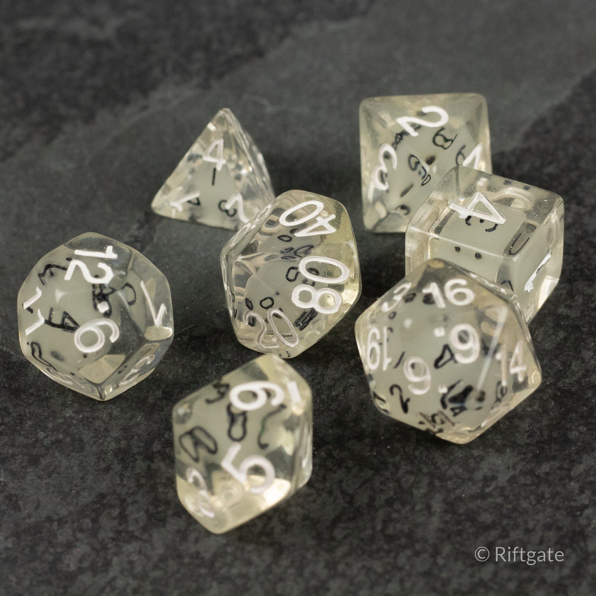 Dice in Dice Dice Set - Set of seven transparent polyhedral dice with white numbers, including d4, d6, d8, d10, d12, and d20 shapes.