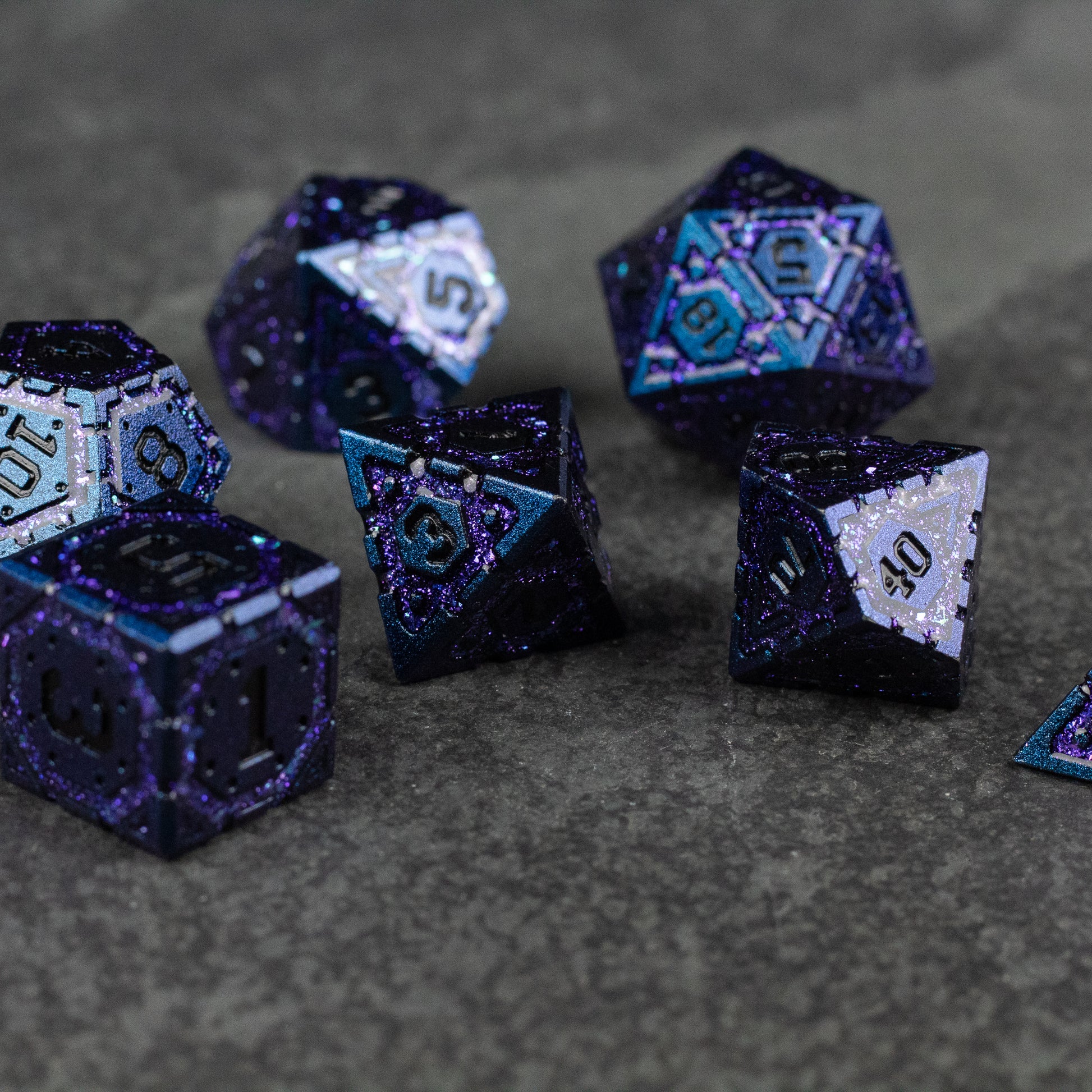 Purple Superior Ward Metal Dice Set - Purple metallic polyhedral dice set with silver numbers, featuring sparkly speckles.