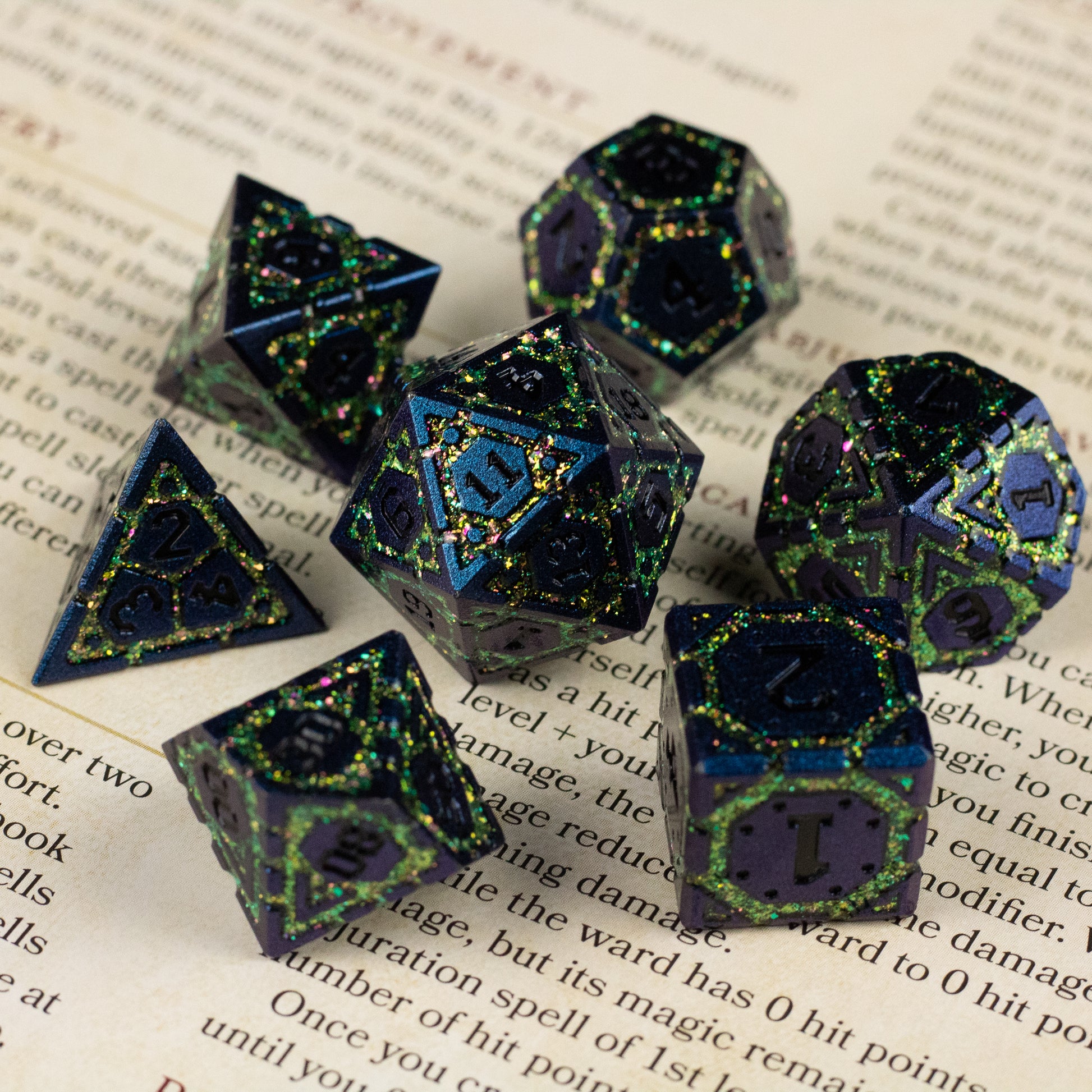 Green Superior Ward Metal Dice Set - Set of green metal polyhedral dice with glowing blue numbers and intricate geometric patterns.