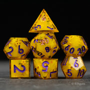 Honey Bees and Flowers Sharp Edge Dice - Yellow sharp edge polyhedral dice set with purple numbers and embedded honey bee and flower designs.