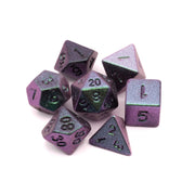 Mystic Mirage - Frosted Shimmer Acrylic Dice Set - Set of seven frosted shimmer acrylic dice in purple and blue tones with black numbers.