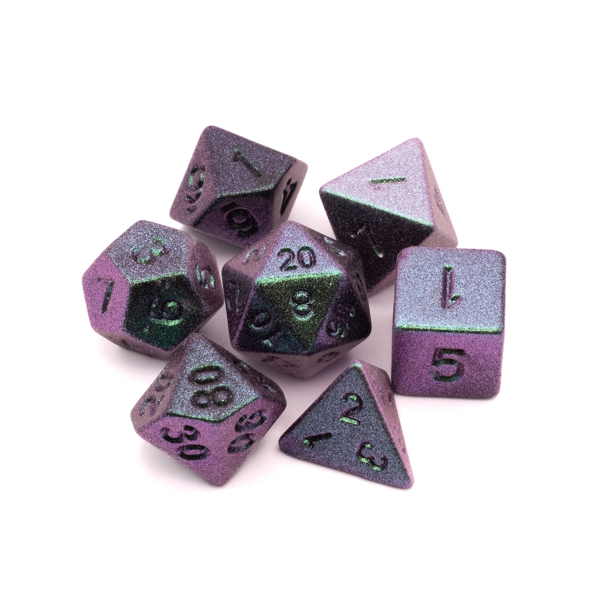 Mystic Mirage - Frosted Shimmer Acrylic Dice Set - Set of seven frosted shimmer acrylic dice in purple and blue tones with black numbers.