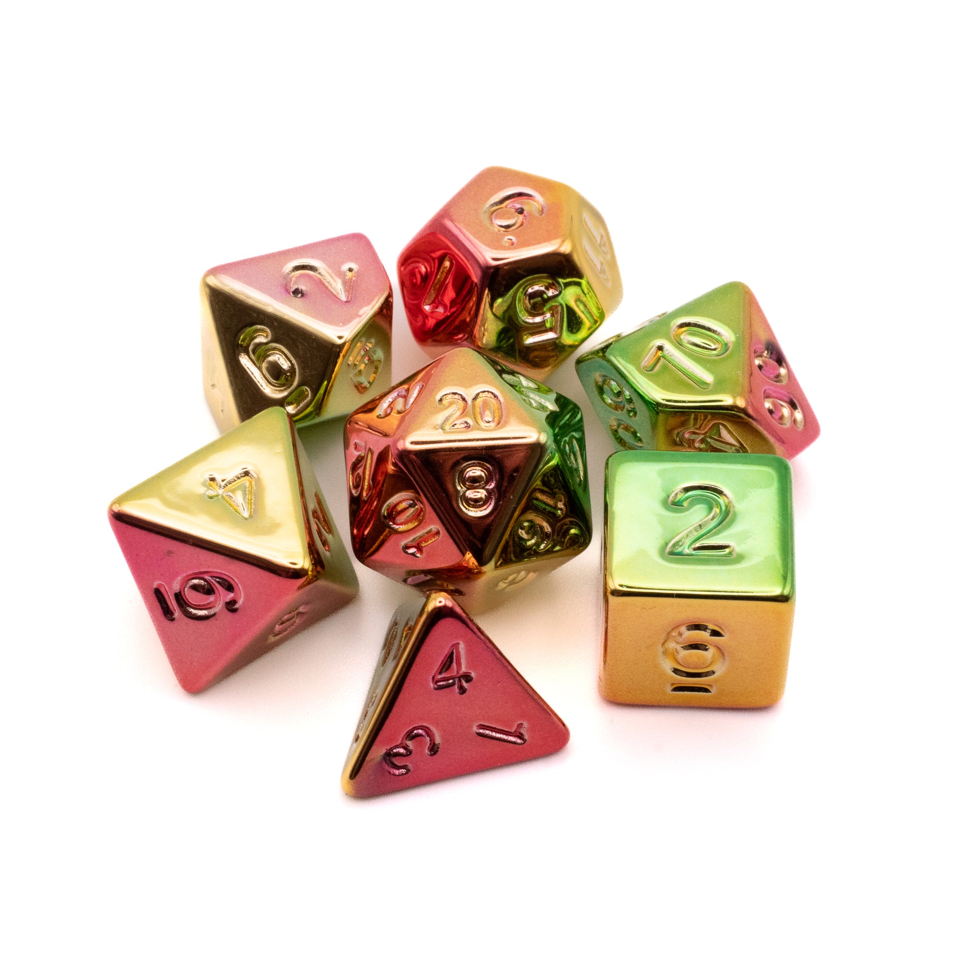Aurora Prism - Radiant Alloy Acrylic Dice Set - Set of alloy acrylic dice with metallic pink, gold, and green prism colors, including d20, d12, d10, d8, d6, and d4 shapes.