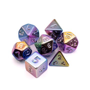 Celestial Hues - Radiant Alloy Acrylic Dice Set - Multi-shaped acrylic dice set with iridescent purple, blue, and gold hues and metallic numbers.