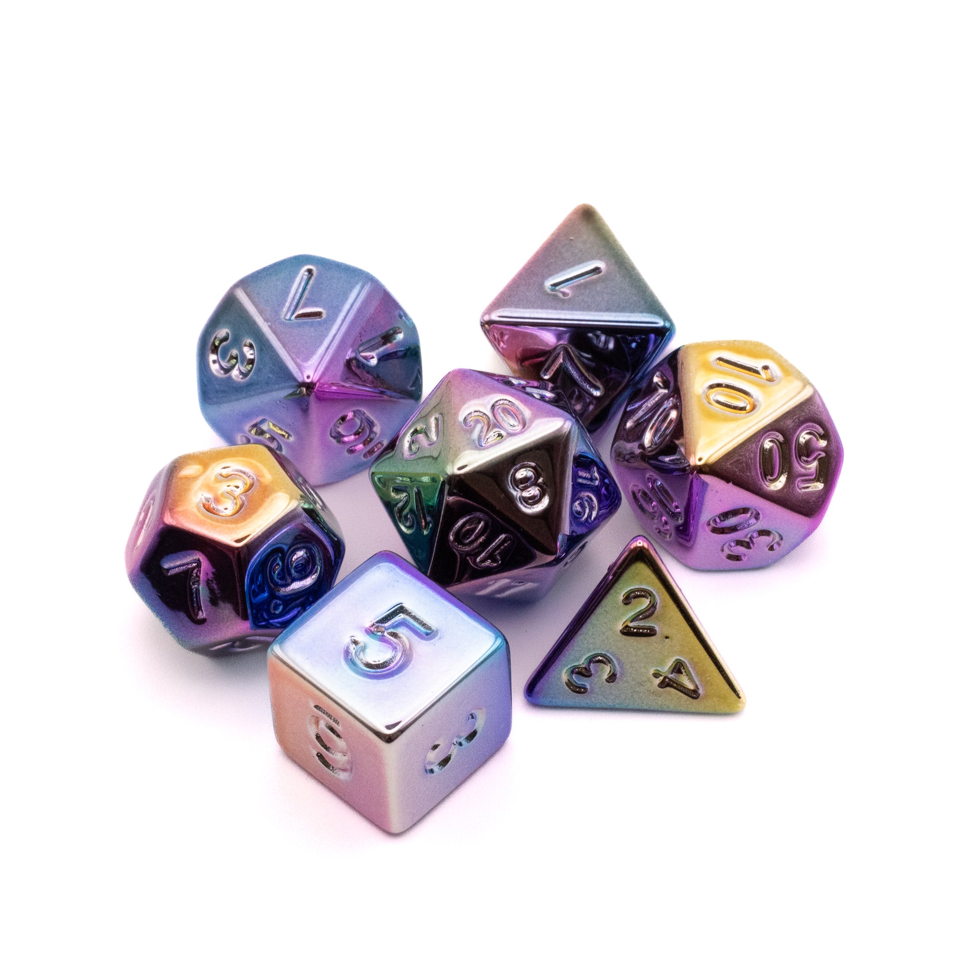 Celestial Hues - Radiant Alloy Acrylic Dice Set - Multi-shaped acrylic dice set with iridescent purple, blue, and gold hues and metallic numbers.
