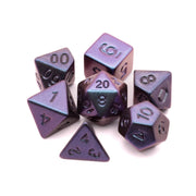 Twilight Abyss - Frosted Shimmer Acrylic Dice Set - Set of seven frosted acrylic dice in purple and blue shimmer, featuring black numbers, including d20, d12, d10, d8, d6, d4,.