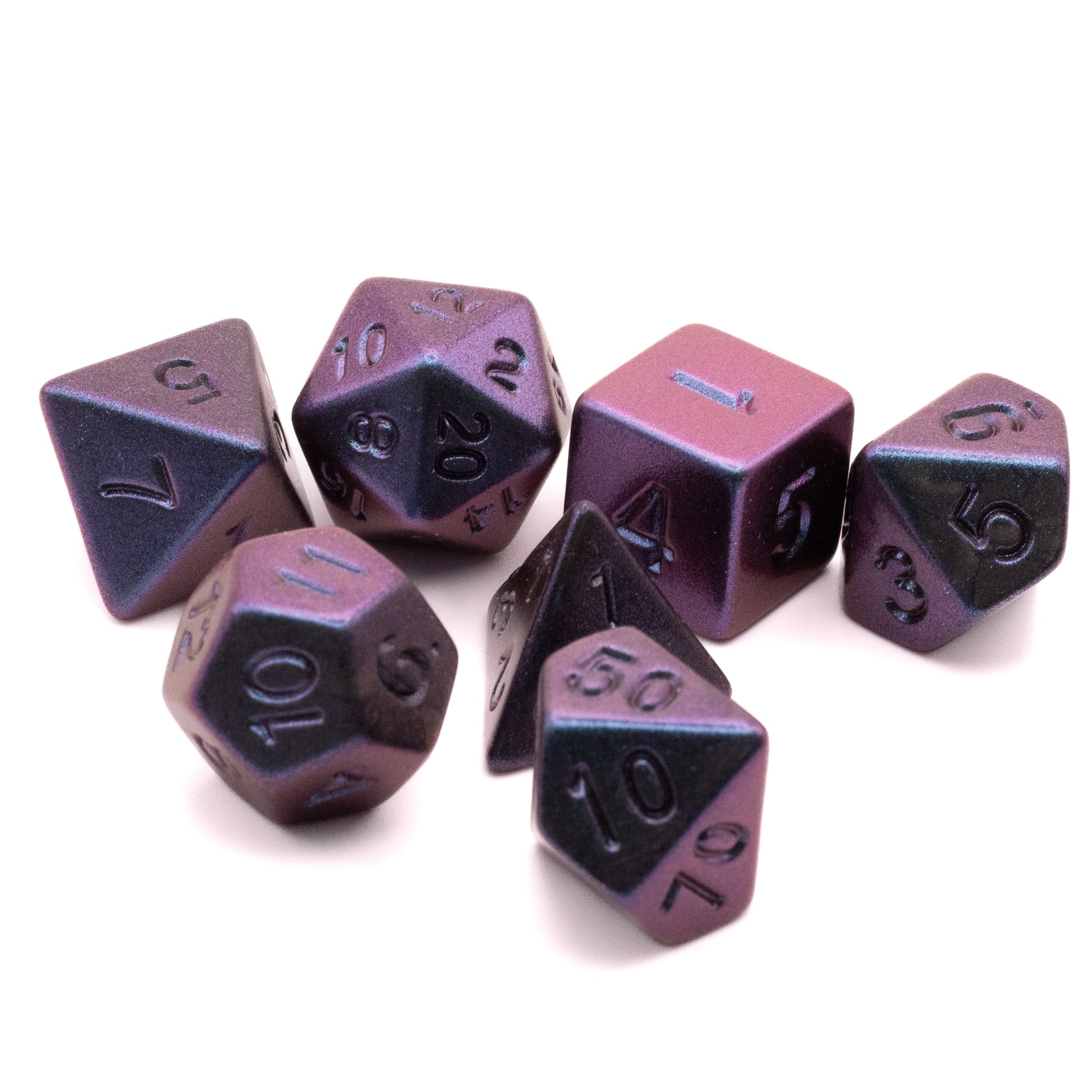 Twilight Abyss - Frosted Shimmer Acrylic Dice Set - Seven polyhedral dice in frosted dark purple with subtle shimmer and sharp white numbering.