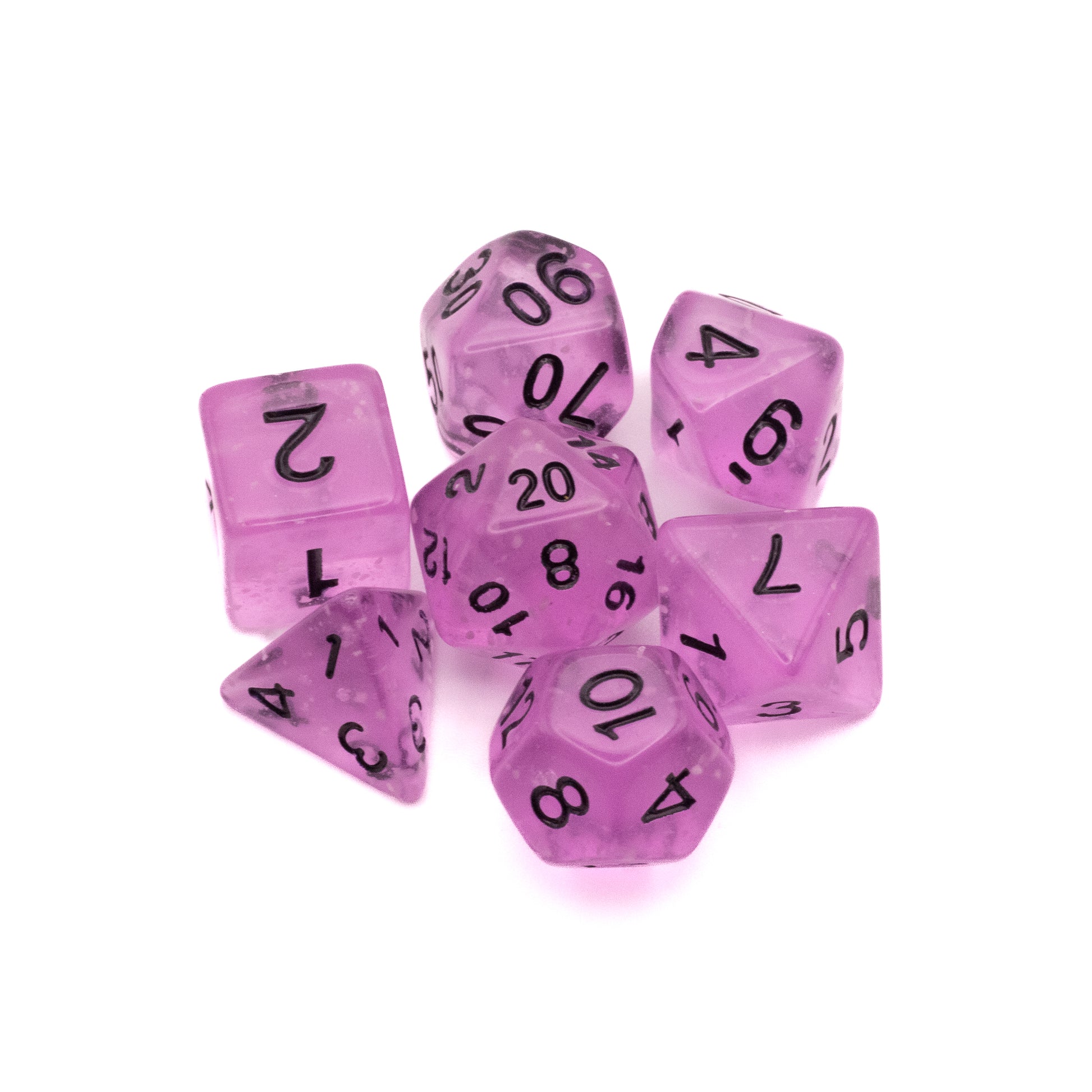 Sea of Stars - Pink - Glow-in-the-dark Dice Set - Seven translucent pink polyhedral dice with black numbers, including d20, d12, d10, d8, d6, and d4 shapes.