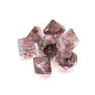 Obsidian Veil Dice Set: Clear round edge dice with copper numbers. Inside the dice is wisps of obsidian black coloring