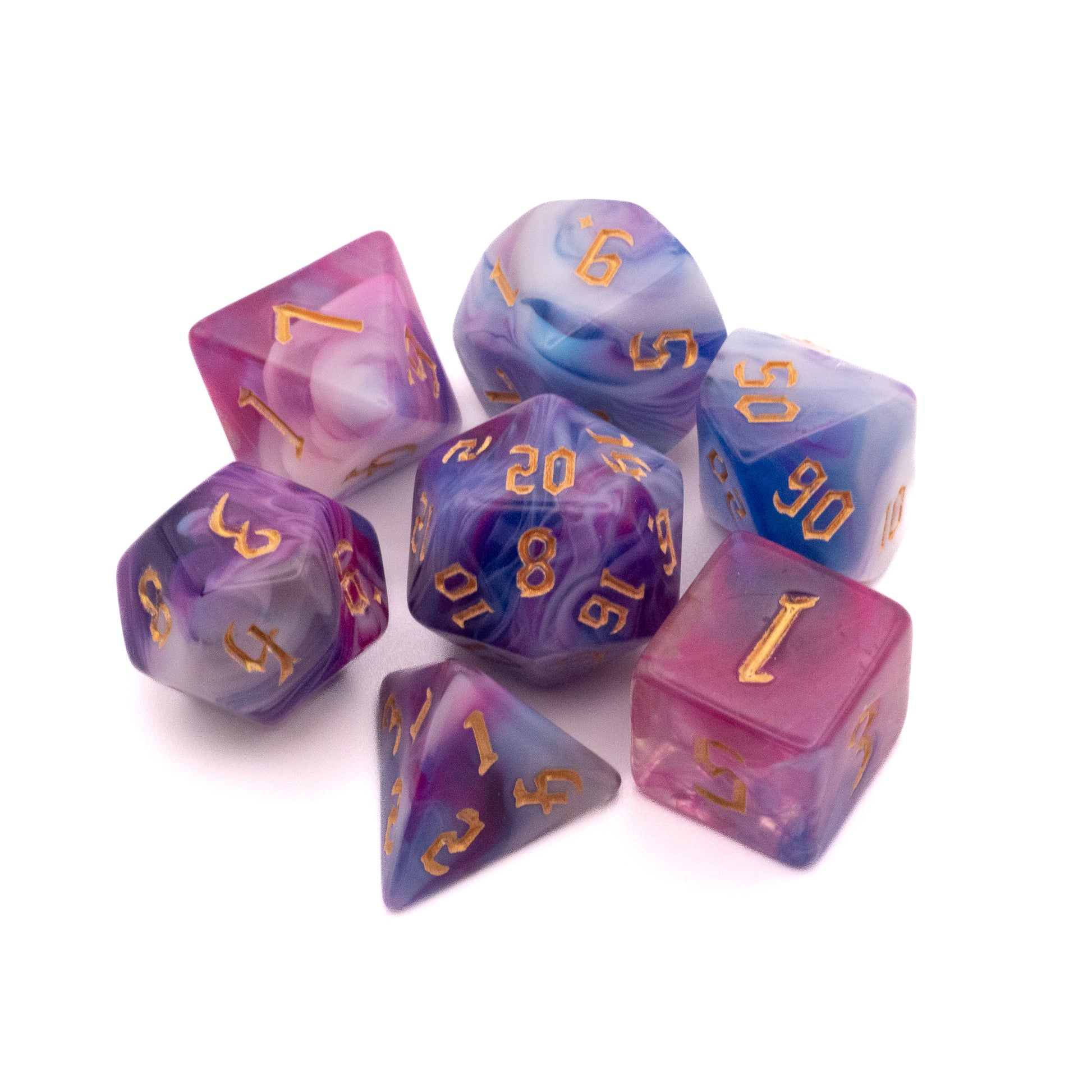 Candy Galaxy Dice Set - Set of seven multi-sided dice in swirling pink, purple, and blue with gold numbering.