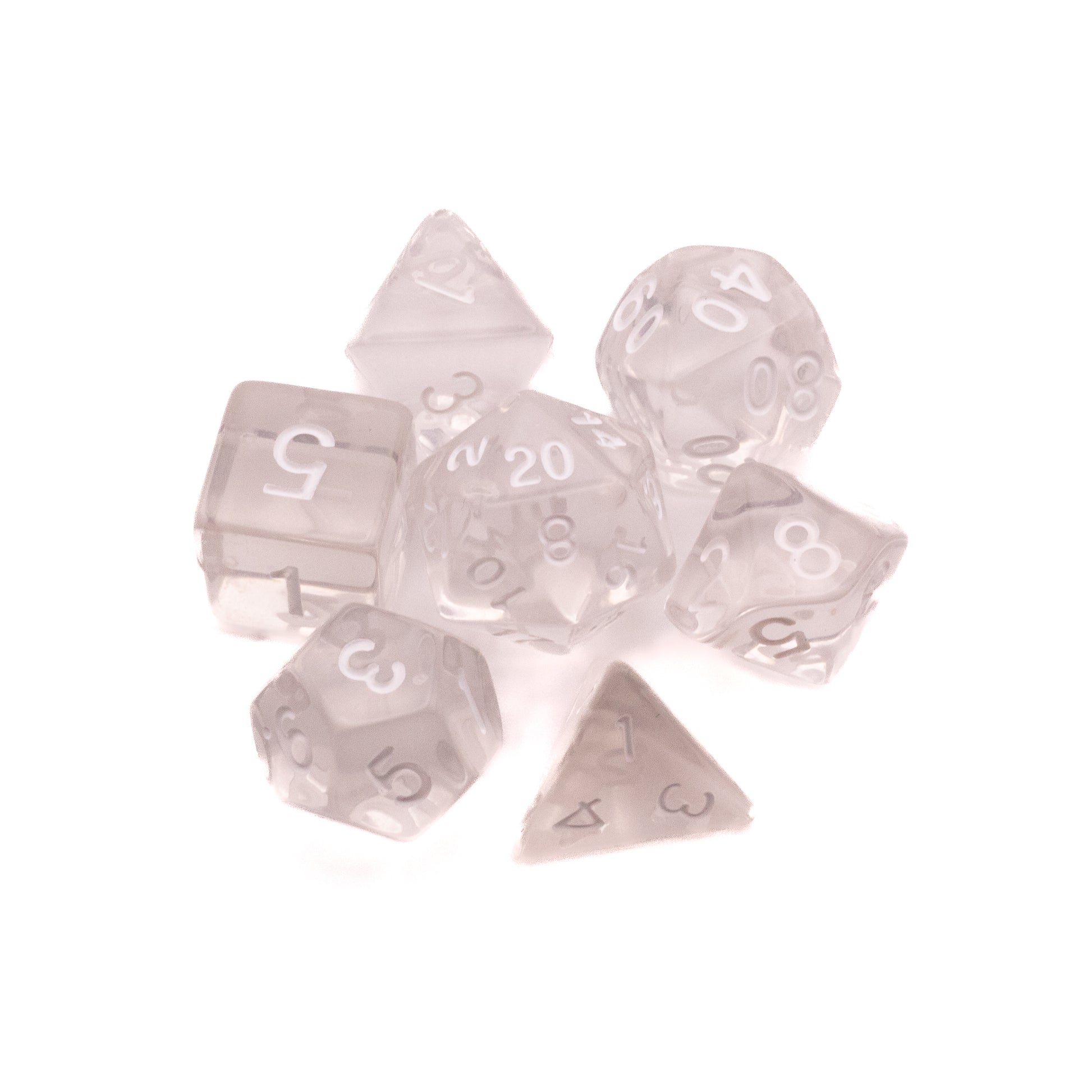 Clear Transparent Dice Set - Set of seven clear transparent polyhedral dice with white numbering for tabletop games.