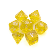 Yellow Transparent Dice Set - Set of seven yellow transparent polyhedral dice with white numbering.