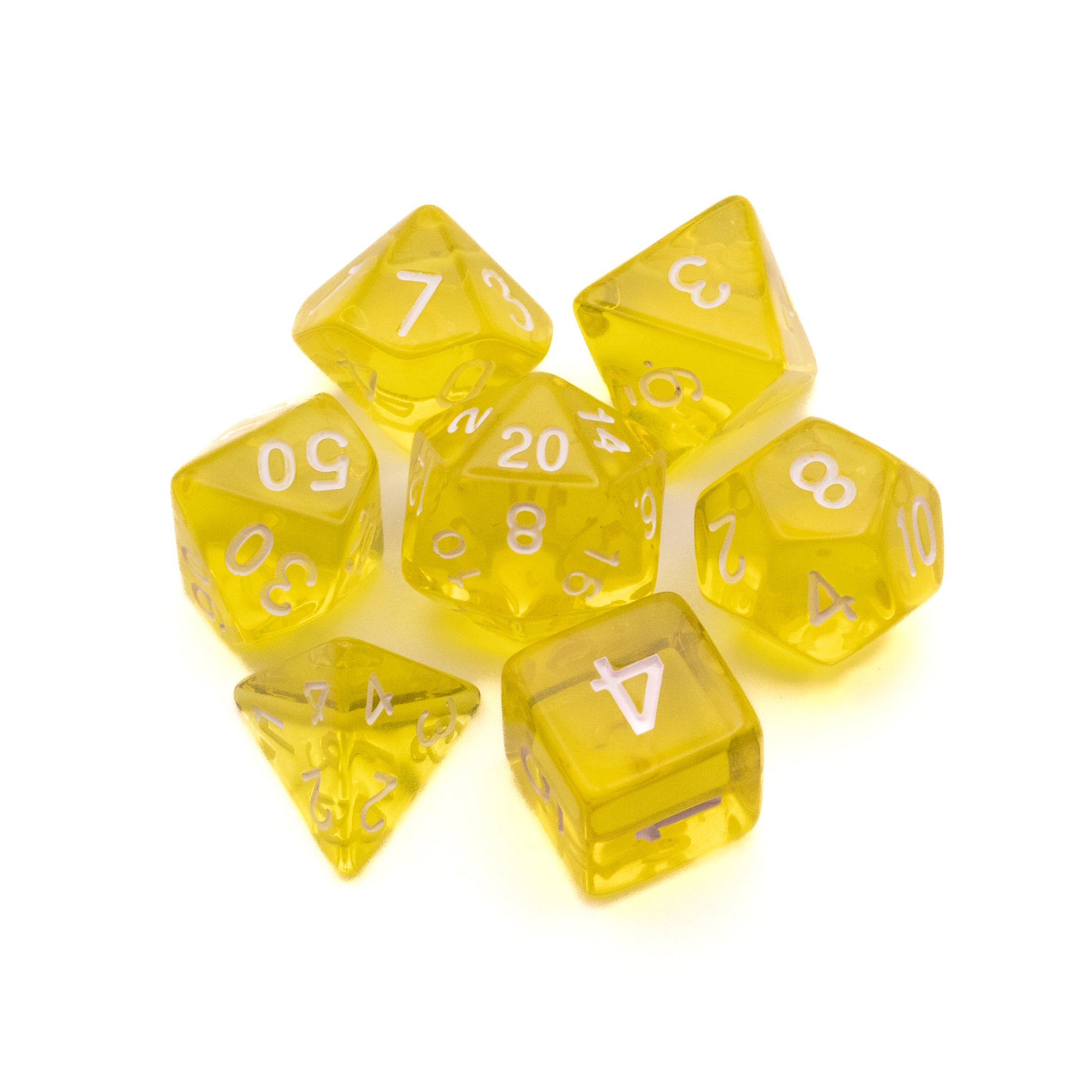 Yellow Transparent Dice Set - Set of seven yellow transparent polyhedral dice with white numbering.