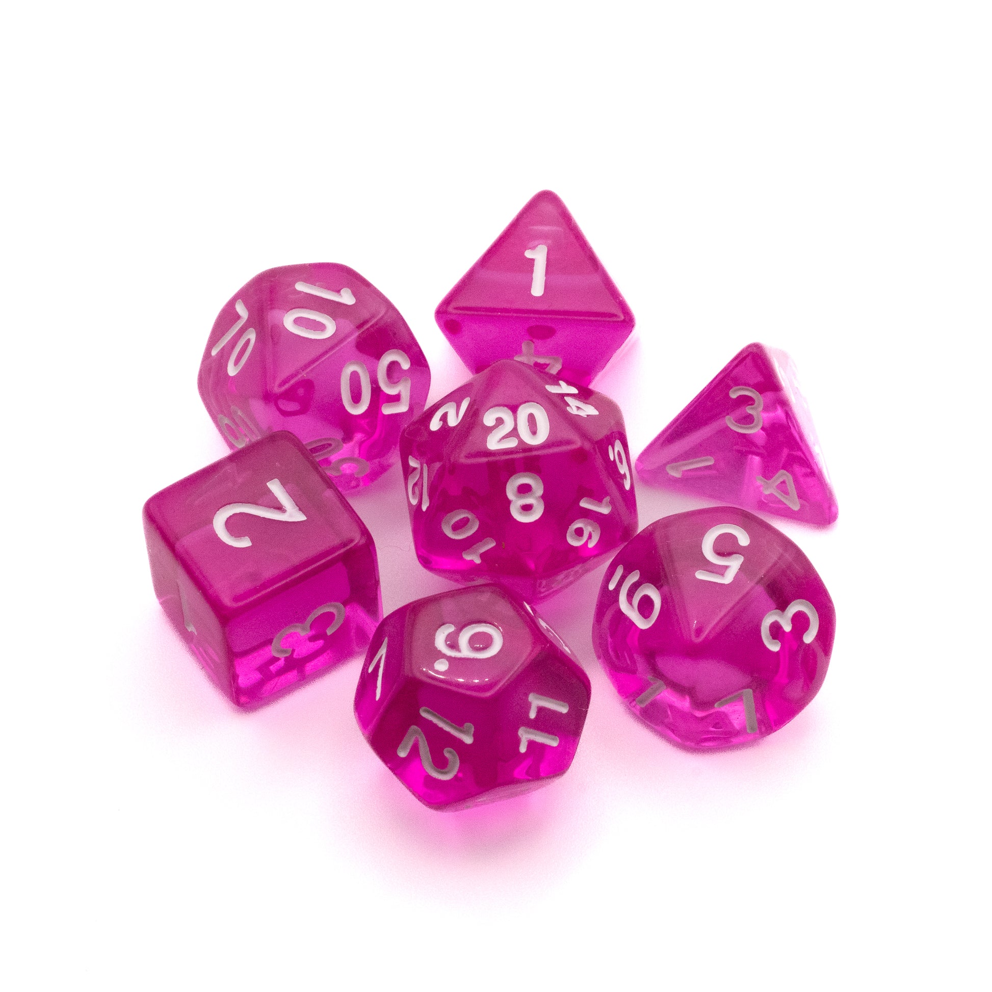 Dark Pink Transparent Dice Set - Set of seven dark pink transparent polyhedral dice with white numbering for tabletop games.