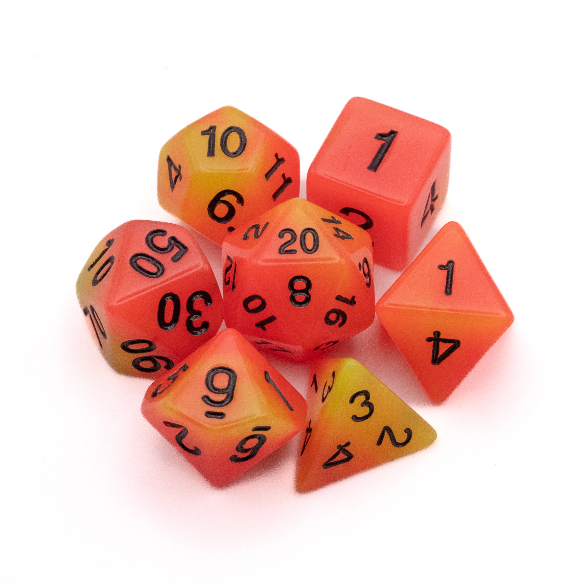 Emberlight Ignis Glow-in-the-Dark Dice Set - Seven polyhedral dice in bright orange and yellow gradient with black numbering, designed for tabletop games.