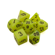 Emberlight Yellow Glow-in-the-Dark Dice Set - Set of seven yellow glow-in-the-dark polyhedral dice with black numbers, including d20, d12, d10, d8, d6, and d4.