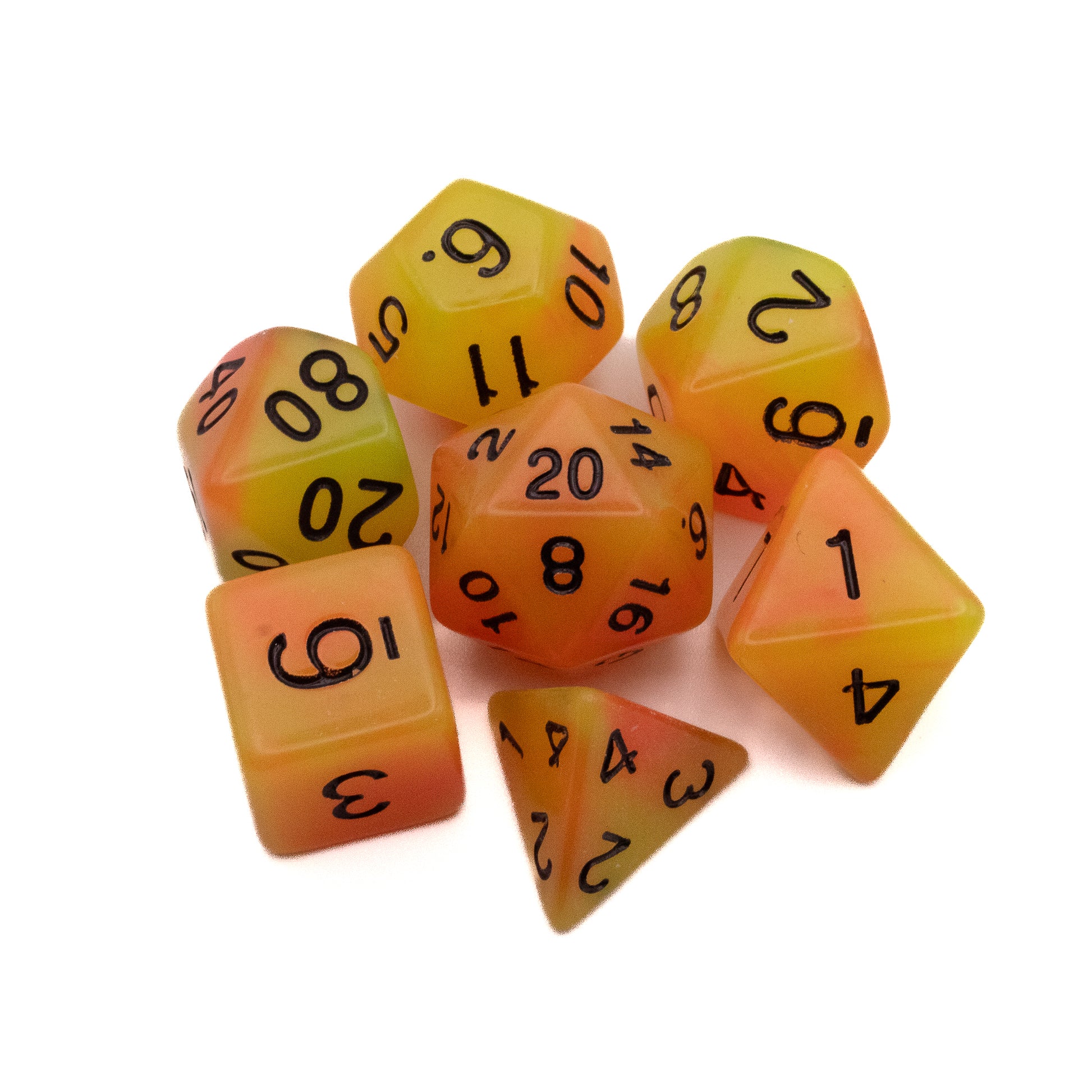 Emberlight Flare Glow-in-the-Dark Dice Set - Set of seven polyhedral dice in gradient shades of orange and yellow with black numbers, designed to glow in the dark.
