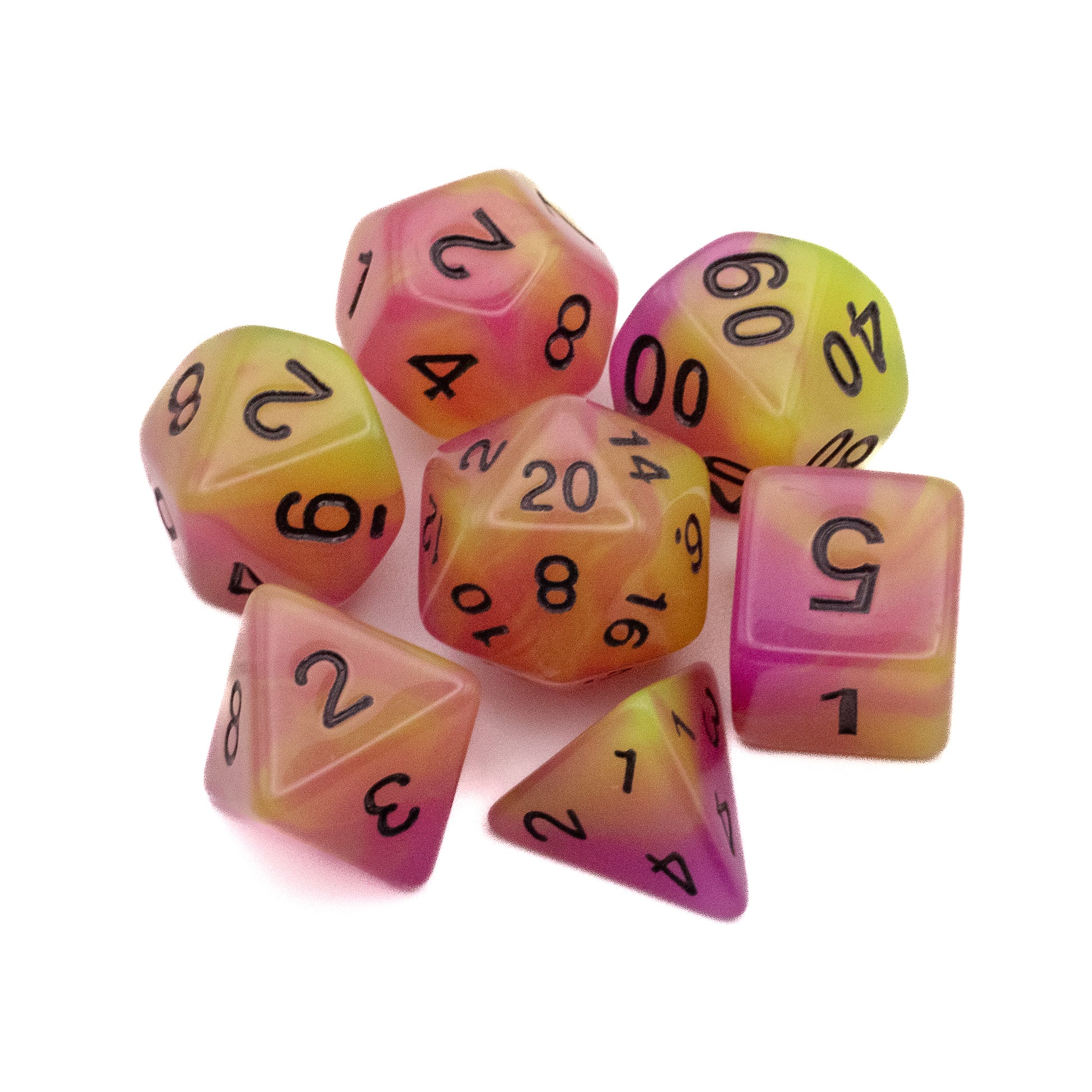 Emberlight Synth Glow-in-the-Dark Dice Set - Set of seven glow-in-the-dark polyhedral dice in yellow, pink, and orange gradient with black numbers.