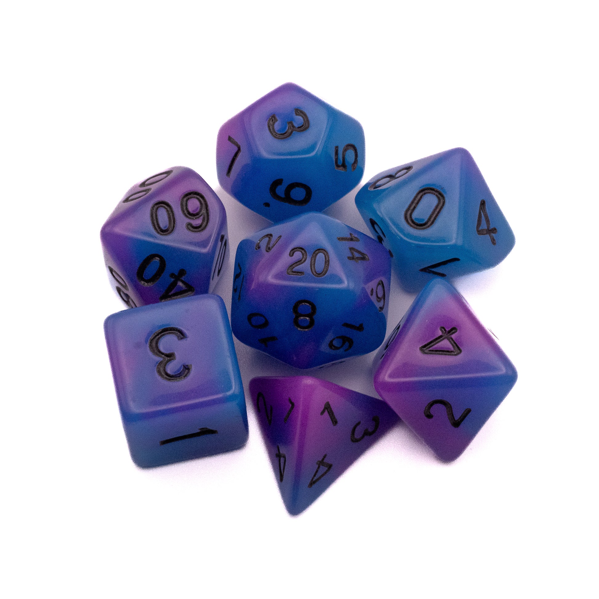 Emberlight Nocturne Glow-in-the-Dark Dice Set - Set of seven purple and blue glow-in-the-dark polyhedral dice with black numbering for tabletop gaming.