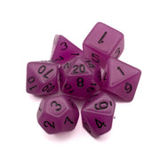 Emberlight Purple Glow-in-the-Dark Dice Set - Set of seven purple, glow-in-the-dark dice with black numbers in various polyhedral shapes.