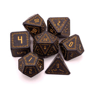 Black Knight Runes Dice Set - Black polyhedral dice set with glowing orange runic numbers and intricate border designs.