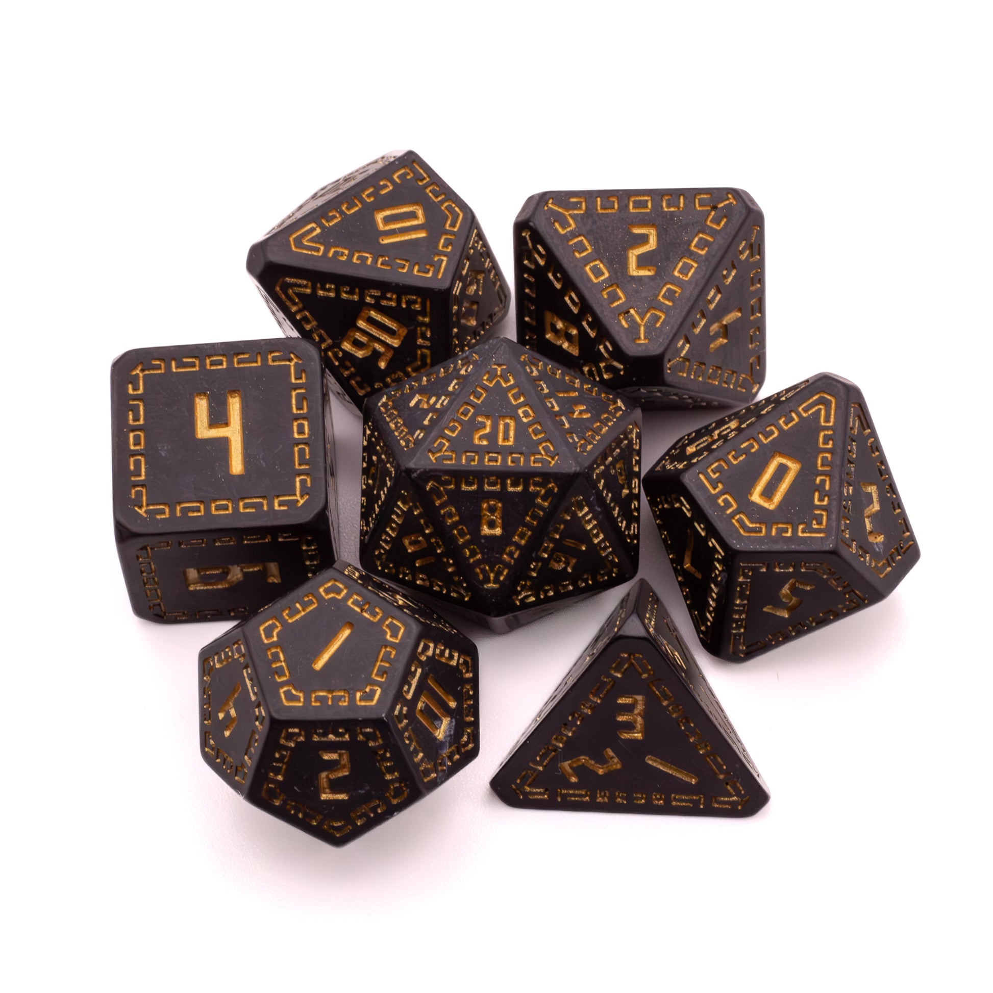 Black Knight Runes Dice Set - Black polyhedral dice set with glowing orange runic numbers and intricate border designs.