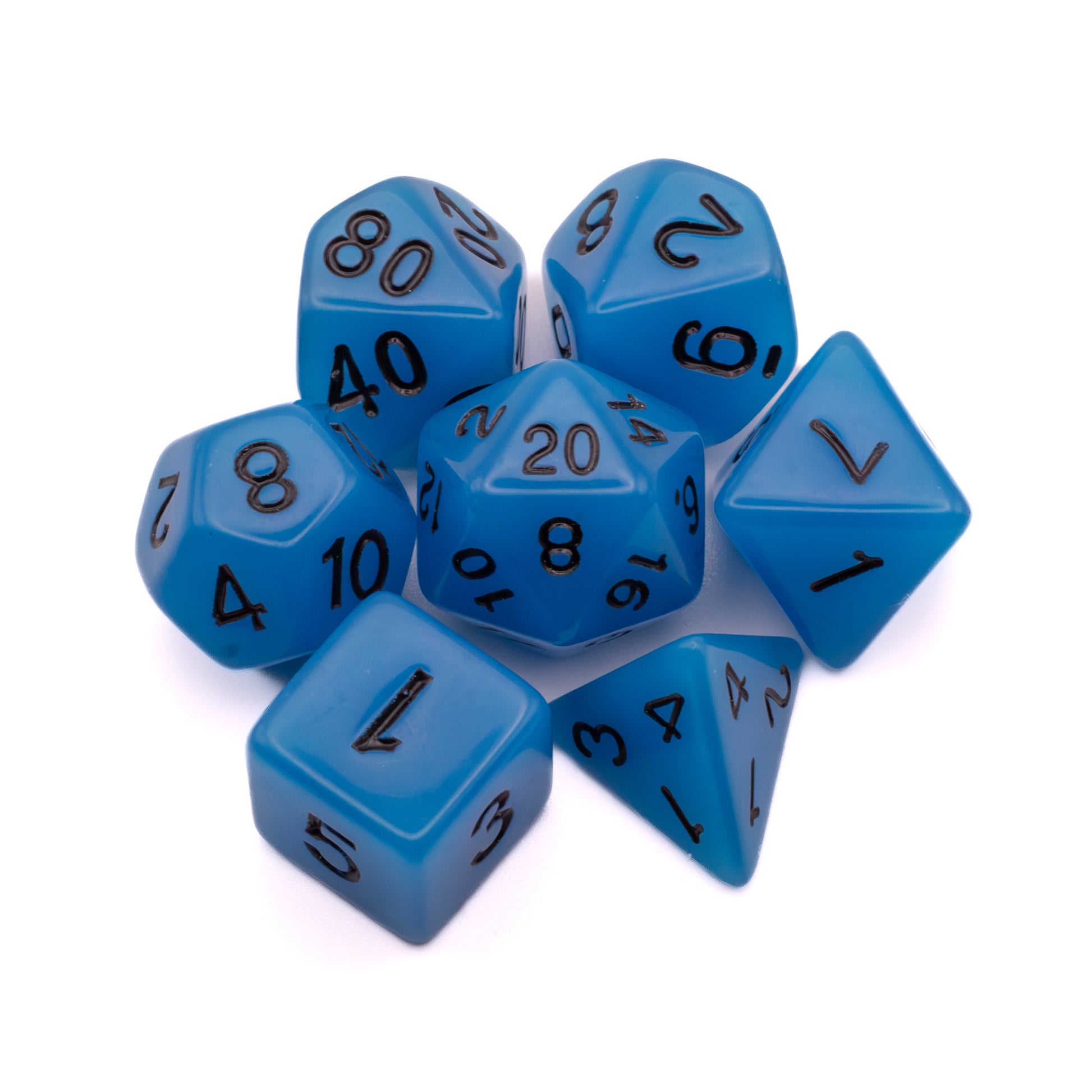 Emberlight Blue Glow-in-the-Dark Dice Set - Set of seven blue polyhedral dice with black numbers, including d4, d6, d8, d10, d12, d20, and percentile dice.