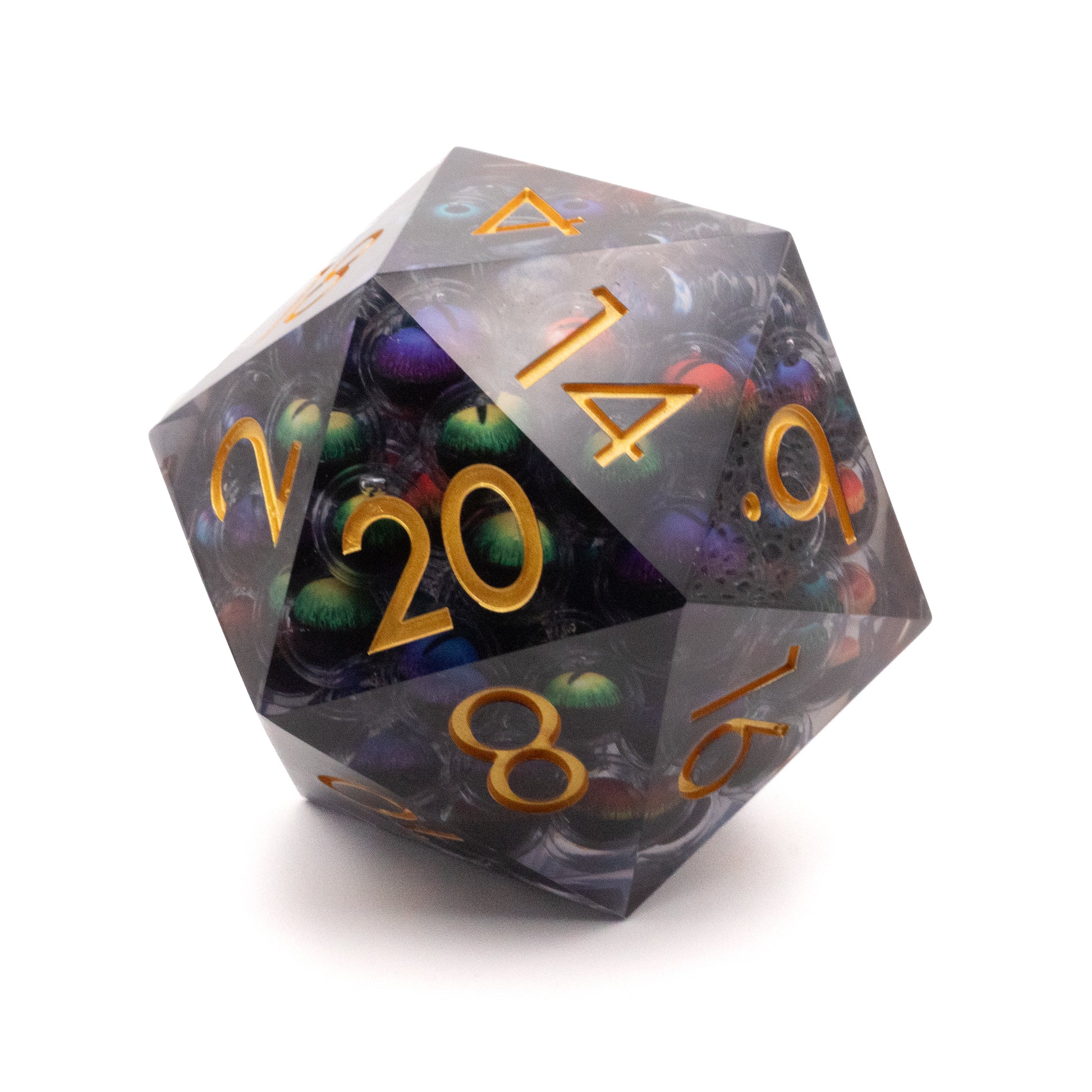 Giant Thousand Eyes D20 - Large translucent d20 dice with swirling purple and green patterns and gold numbers.