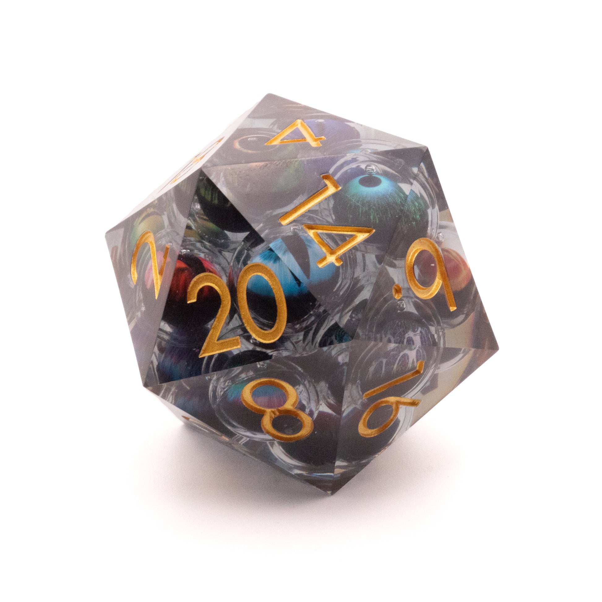 Giant Thousand Eyes D20 - Transparent gray 20-sided dice with multiple detailed blue eyes inside and gold numbers.