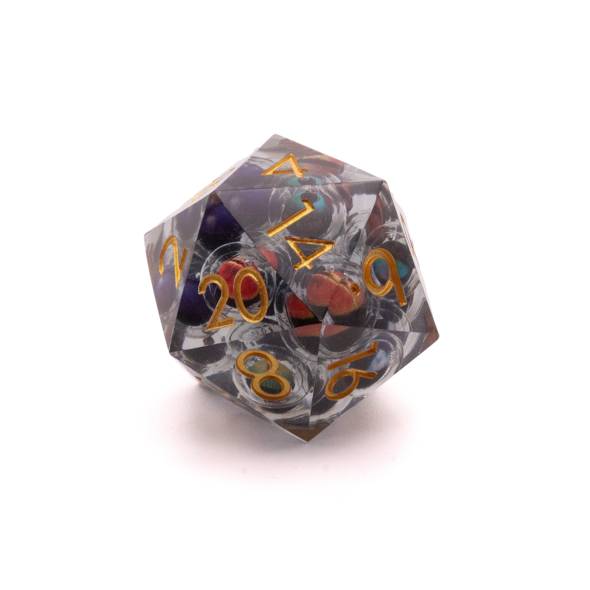 Giant Thousand Eyes D20 - Transparent 20-sided die with orange numbers and multiple colorful eyes inside.
