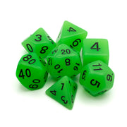 Emberlight Green Glow-in-the-Dark Dice Set - Set of eight neon green, glow-in-the-dark polyhedral dice with black numbers for tabletop gaming.