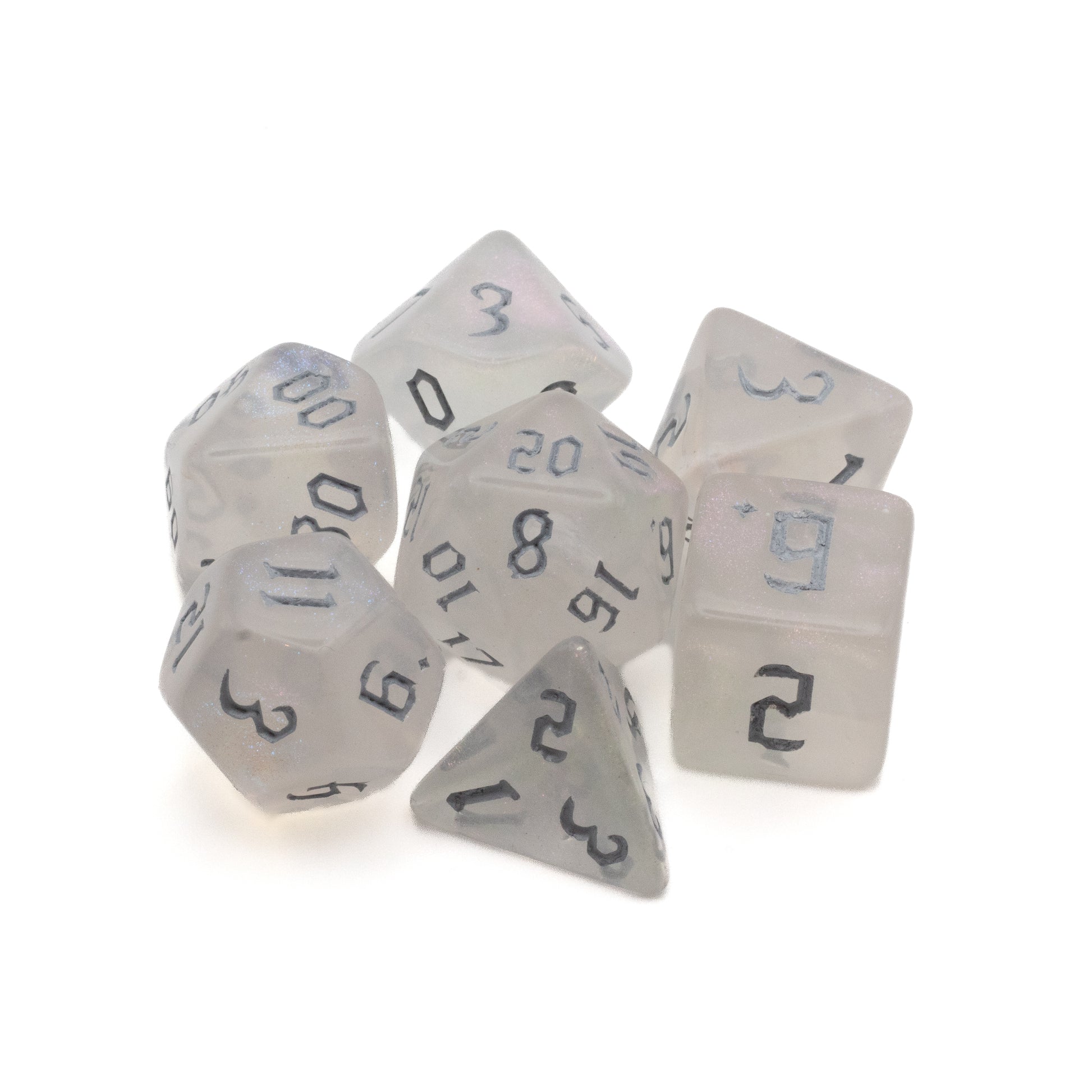 Hoarfrost Dice Set - Translucent frosted white polyhedral dice set with black numbers for tabletop gaming.