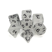 Sea of Stars - White - Glow-in-the-dark Dice Set - Set of seven translucent white polyhedral dice with black numbering, featuring a d20, d12, d10, d8, d6, d4, and percentile.