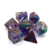 Green & Blue Arcane Ooze Dice Set - Seven polyhedral dice set with swirling green and blue colors and copper numbers.