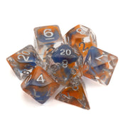 Orange & Blue Arcane Ooze Dice Set - Translucent polyhedral dice set with swirling orange and blue colors and white numbers.