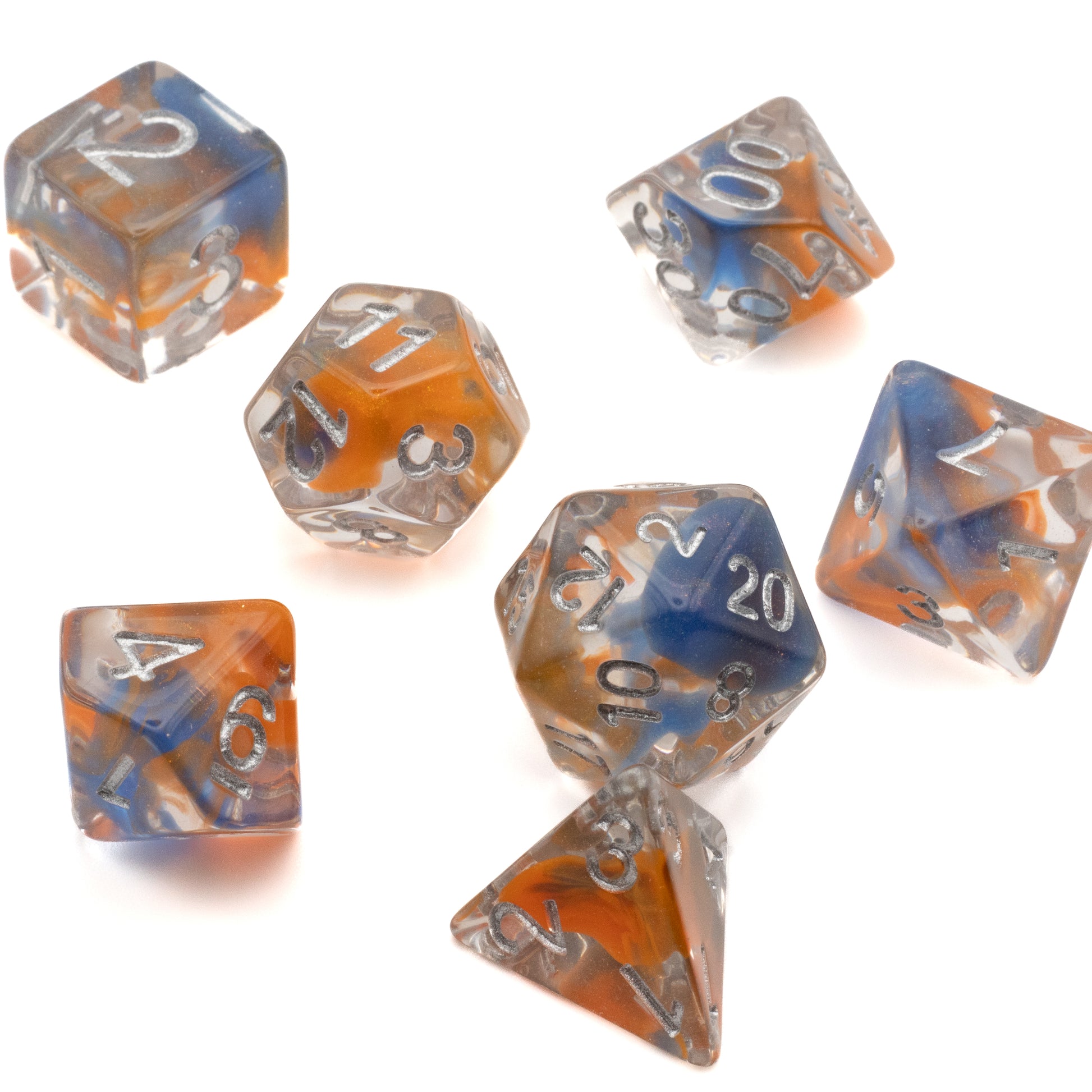 Orange & Blue Arcane Ooze Dice Set - Set of seven translucent polyhedral dice with swirling orange and blue colors and white numbering.