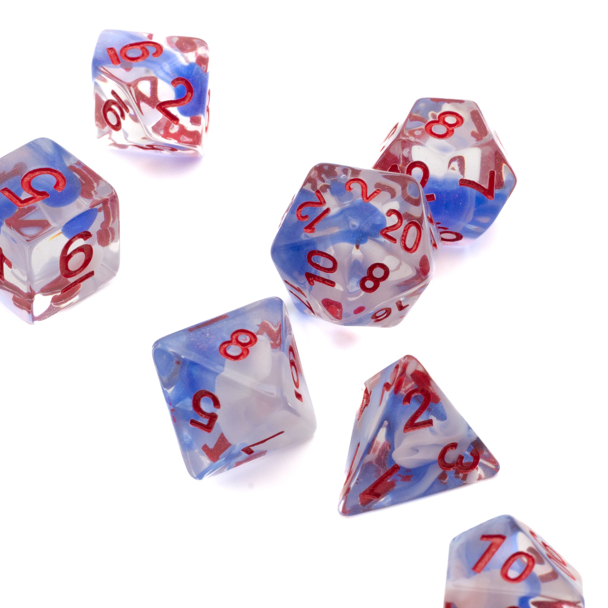White & Blue Arcane Ooze Dice Set - Set of white and blue translucent polyhedral dice with red numbering, featuring a marbled arcane ooze effect.