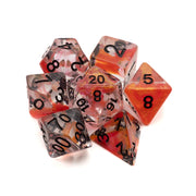 Orange & Red Arcane Ooze Dice Set - Seven polyhedral dice in translucent orange and red with black numbers, including d20, d12, d10, d8, d6, and d4 shapes.