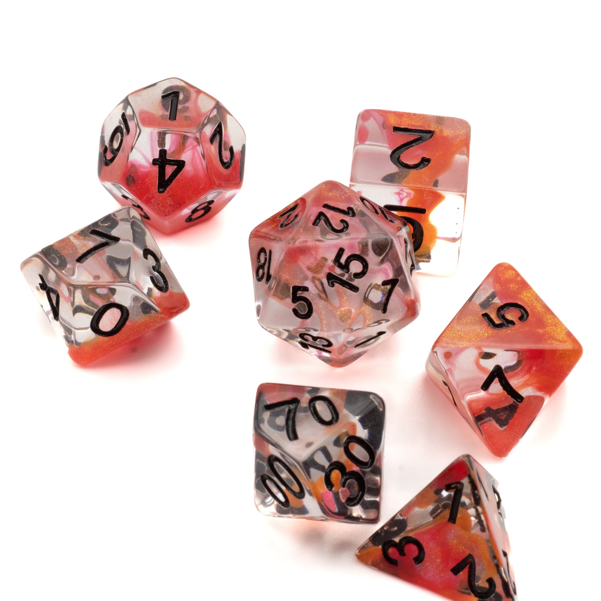 Orange & Red Arcane Ooze Dice Set - Seven polyhedral dice in orange, red, and clear swirls with black numbers, including d20, d12, d10, d8, d6, and d4 shapes.
