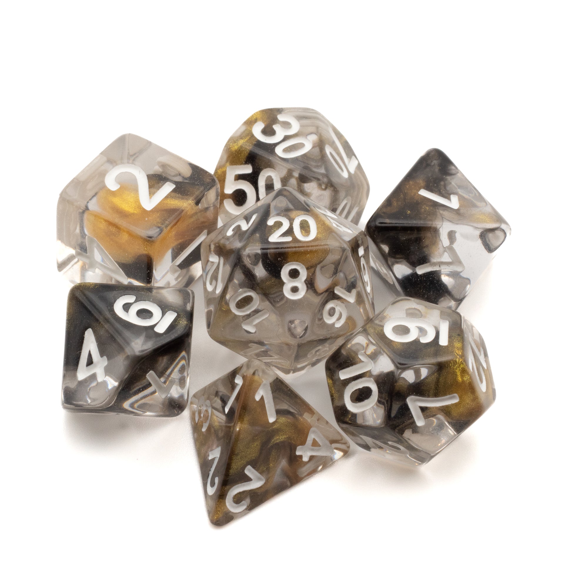 Black & Gold Arcane Ooze Dice Set - Black and gold marbled polyhedral dice set with white numbers, including d20, d12, d10, d8, d6, and d4 shapes.