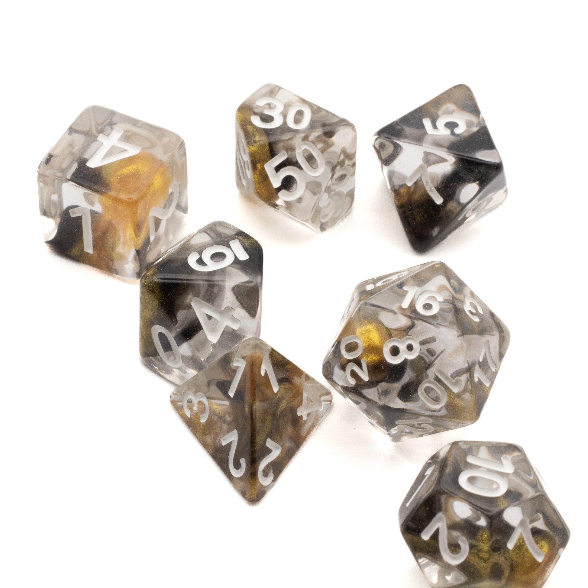Black & Gold Arcane Ooze Dice Set - Black and gold translucent polyhedral dice set with white numbering, featuring various shapes including d4, d6, d8, d10,.