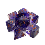 Purple Fog Cloud Dice Set - Glossy purple translucent polyhedral dice set with orange numbers, including d4, d6, d8, d10, d12, and d20 shapes.